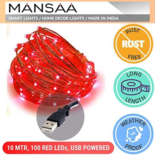 Mansaa M6 USB LED String Light | 10 מטר 100 נוריות LED | צבע אדום | USB מופעל | עיצוב הבית נורית LED
